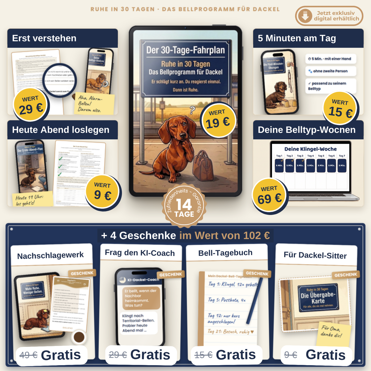 Ruhe in 30 Tagen: 30-Tage-Fahrplan, Belltyp-Analyse, Erste-Abend-Plan, 5-Minuten-Übungen und Belltyp-Wochen, dazu 4 Geschenke im Wert von 102 €. 14 Tage Zufriedenheits-Garantie, exklusiv digital erhältlich